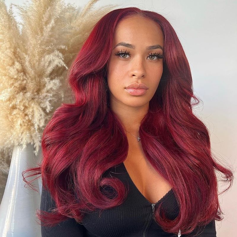 TRENDY COLOR 99J BURGUNDY BODY WAVE WEAR GO WIG 6X4 LACE CLOSURE 180% DENSITY