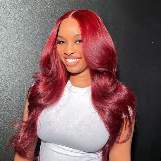 TRENDY COLOR 99J BURGUNDY BODY WAVE WEAR GO WIG 6X4 LACE CLOSURE 180% DENSITY